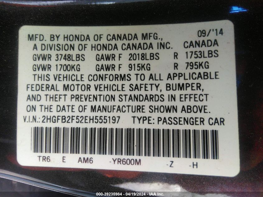 2014 Honda Civic Lx VIN: 2HGFB2F52EH555197 Lot: 39235984