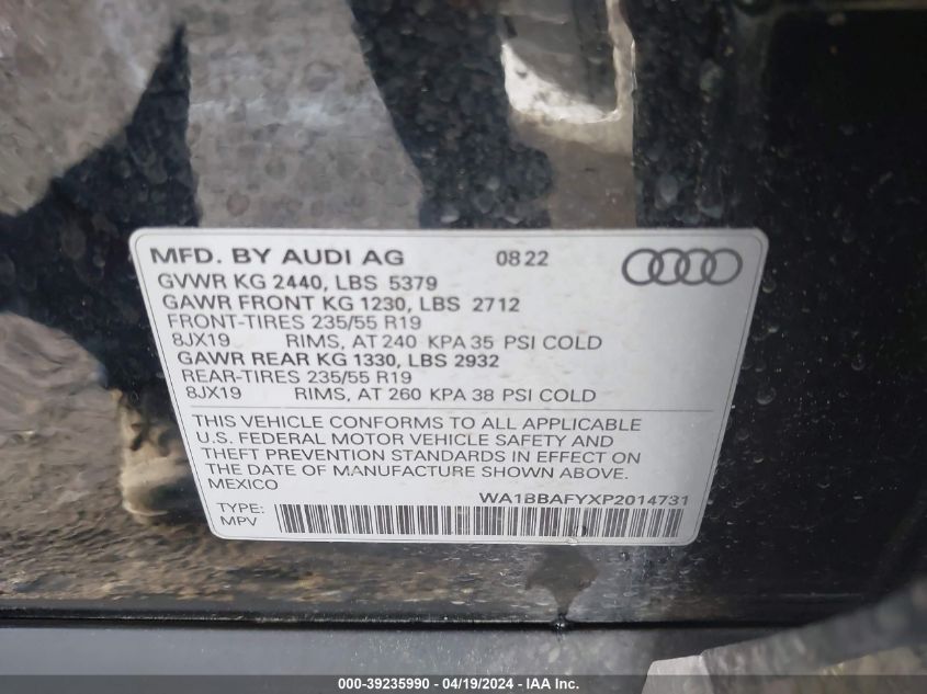 2023 Audi Q5 Premium Plus 40 Tfsi Quattro S Tronic VIN: WA1BBAFYXP2014731 Lot: 39235990