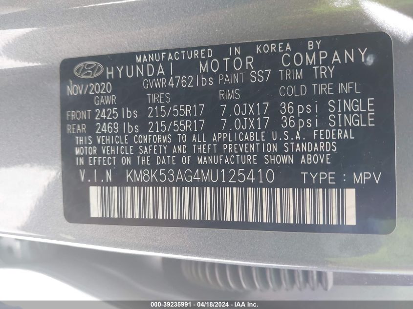 2021 Hyundai Kona Electric Ultimate VIN: KM8K53AG4MU125410 Lot: 39235991