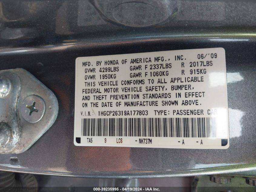 2009 Honda Accord 2.4 Lx VIN: 1HGCP26319A177803 Lot: 39235995