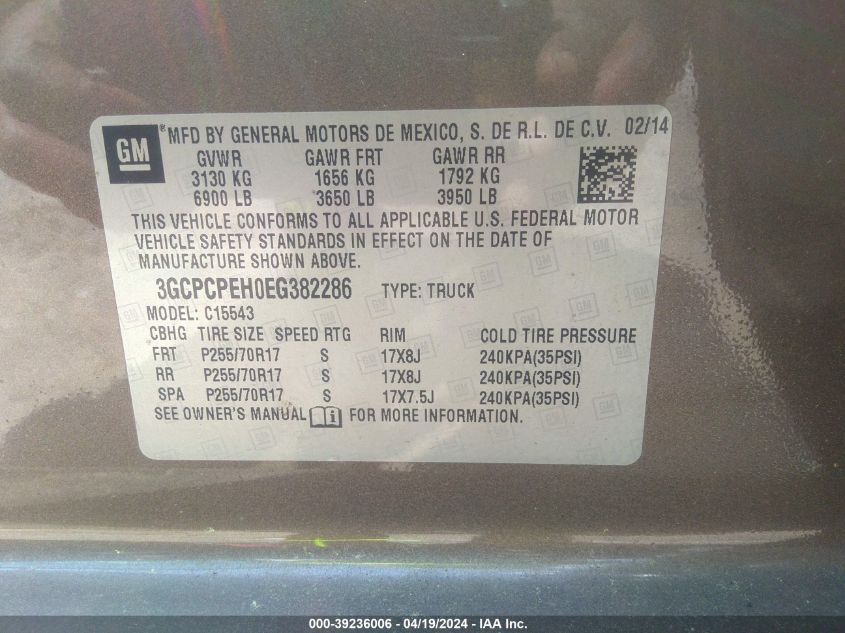 2014 Chevrolet Silverado 1500 Work Truck 2Wt VIN: 3GCPCPEH0EG382286 Lot: 39236006