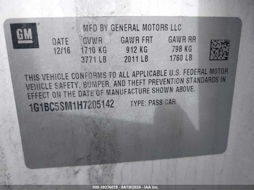 2017 Chevrolet Cruze Ls Auto VIN: 1G1BC5SM1H7205142 Lot: 39236019