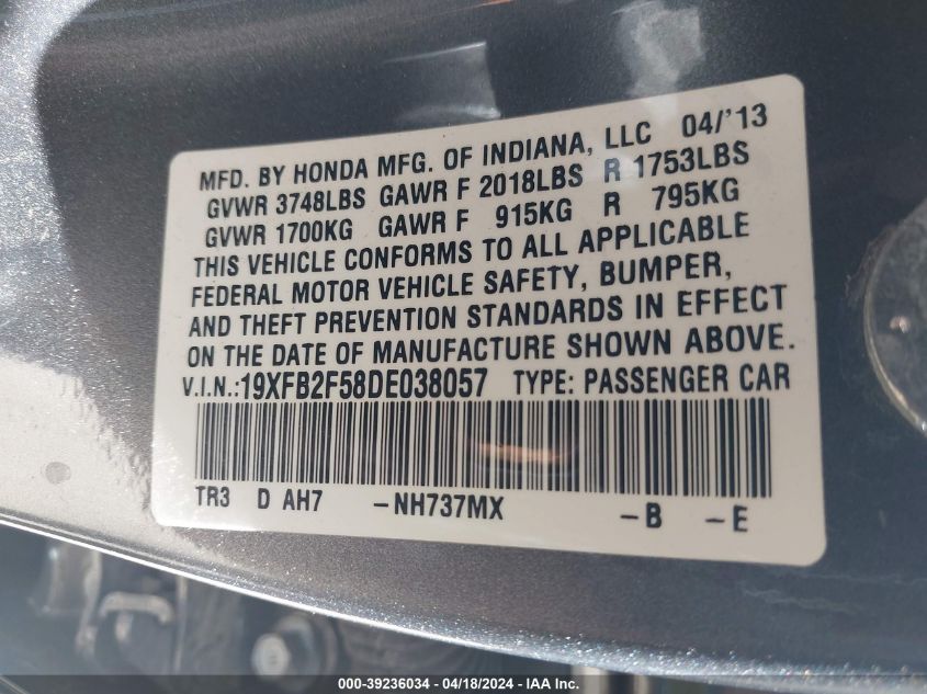 2013 Honda Civic Lx VIN: 19XFB2F58DE038057 Lot: 39236034