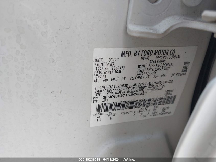 2013 Ford Edge Se VIN: 2FMDK3GC1DBC02326 Lot: 39236038