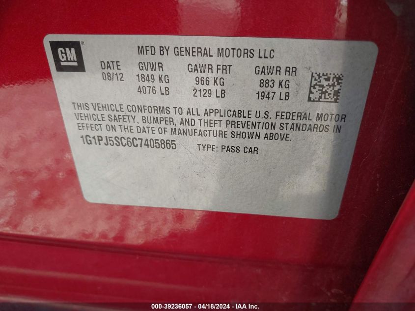 2012 Chevrolet Cruze Eco VIN: 1G1PJ5SC6C7405865 Lot: 11981896