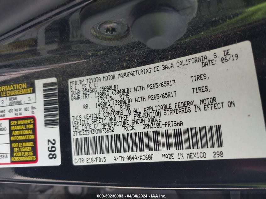 VIN 3TMDZ5BN3KM073652 2019 TOYOTA TACOMA TRD SPORT