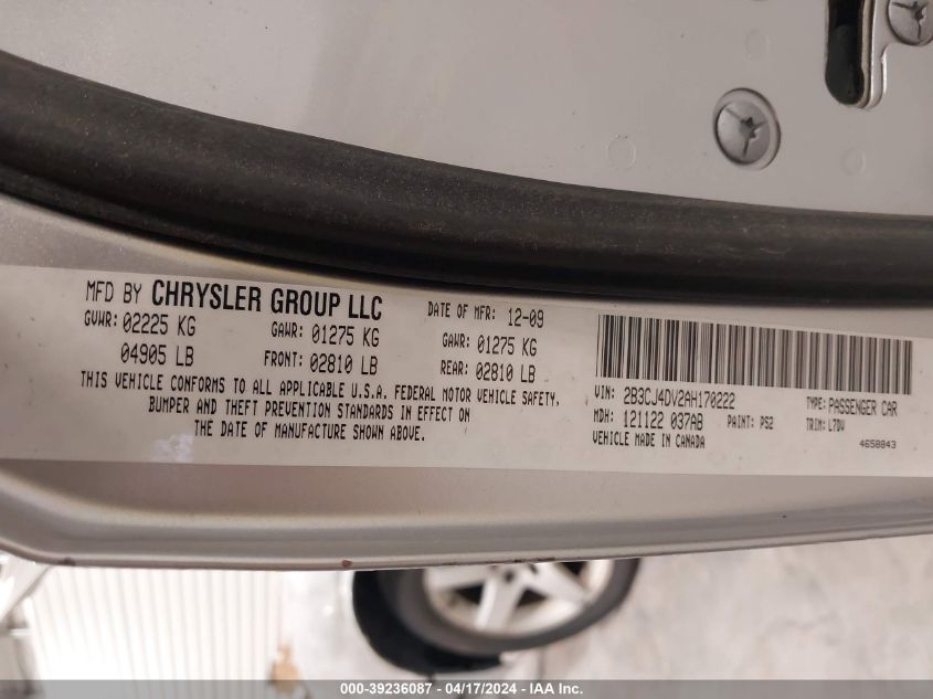 2010 Dodge Challenger Se VIN: 2B3CJ4DV2AH170222 Lot: 39236087