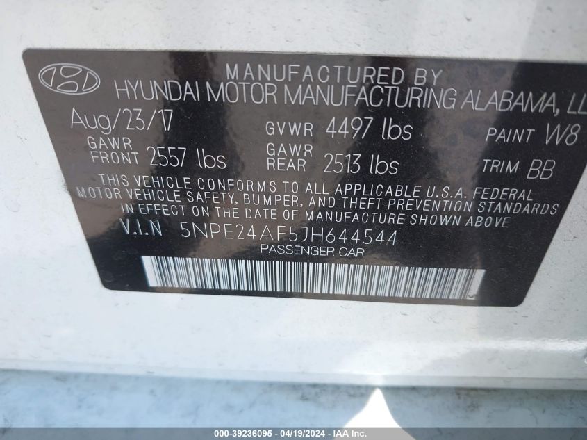 2018 Hyundai Sonata Se VIN: 5NPE24AF5JH644544 Lot: 39236095