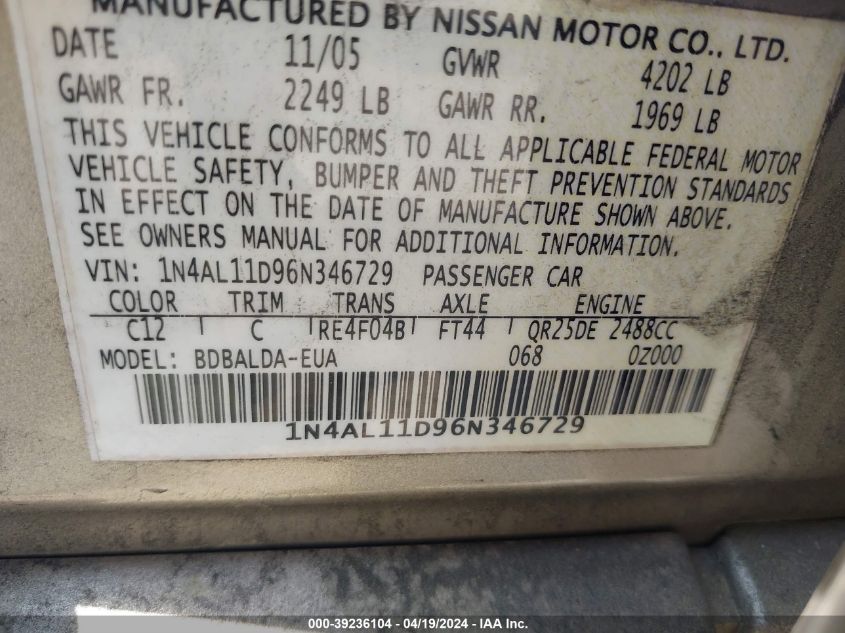 1N4AL11D96N346729 | 2006 NISSAN ALTIMA