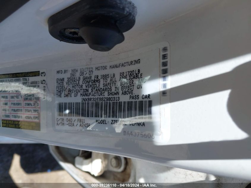 2008 Toyota Corolla Le VIN: 1NXBR32E88Z980313 Lot: 39236110