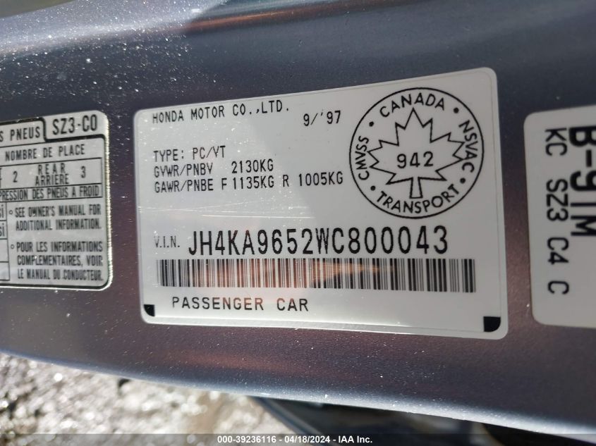 1998 Acura Rl 3.5 VIN: JH4KA9652WC800043 Lot: 39236116