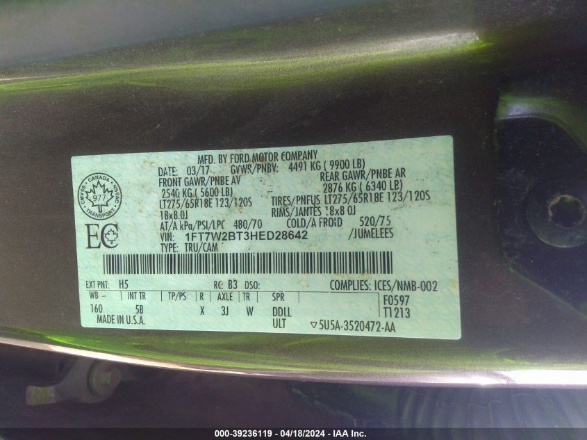 2017 Ford F-250 Lariat VIN: 1FT7W2BT3HED28642 Lot: 39236119