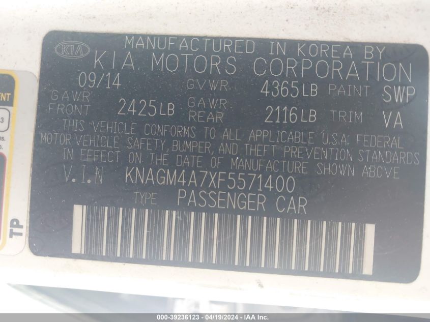 2015 Kia Optima Lx VIN: KNAGM4A7XF5571400 Lot: 39236123