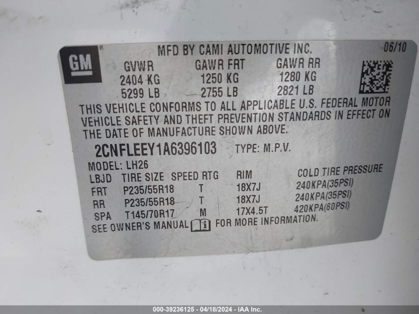 2010 Chevrolet Equinox Lt VIN: 2CNFLEEY1A6396103 Lot: 11983604