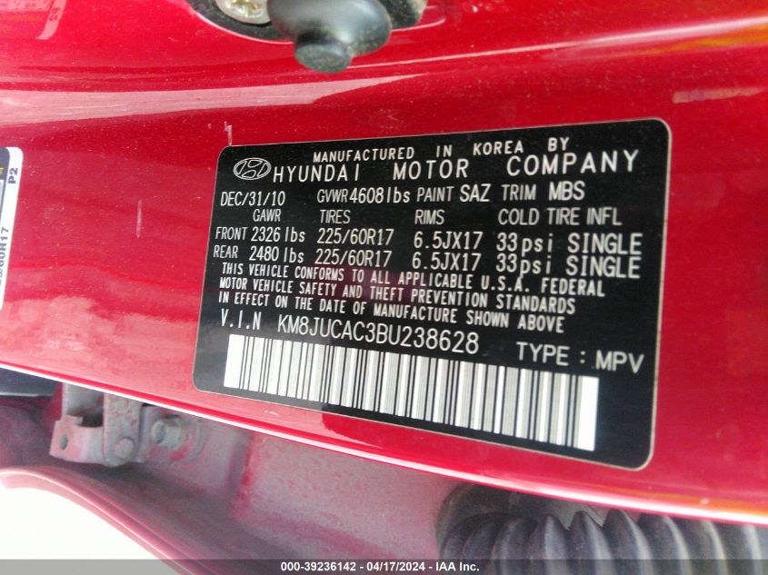 2011 Hyundai Tucson Gls VIN: KM8JUCAC3BU238628 Lot: 39236142