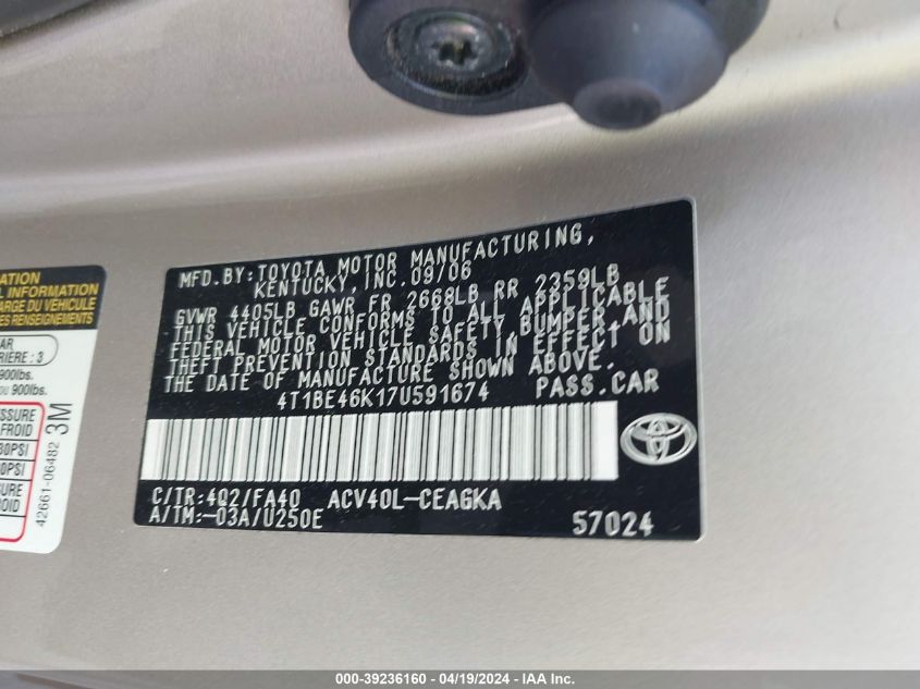 2007 Toyota Camry Xle VIN: 4T1BE46K17U591674 Lot: 39236160