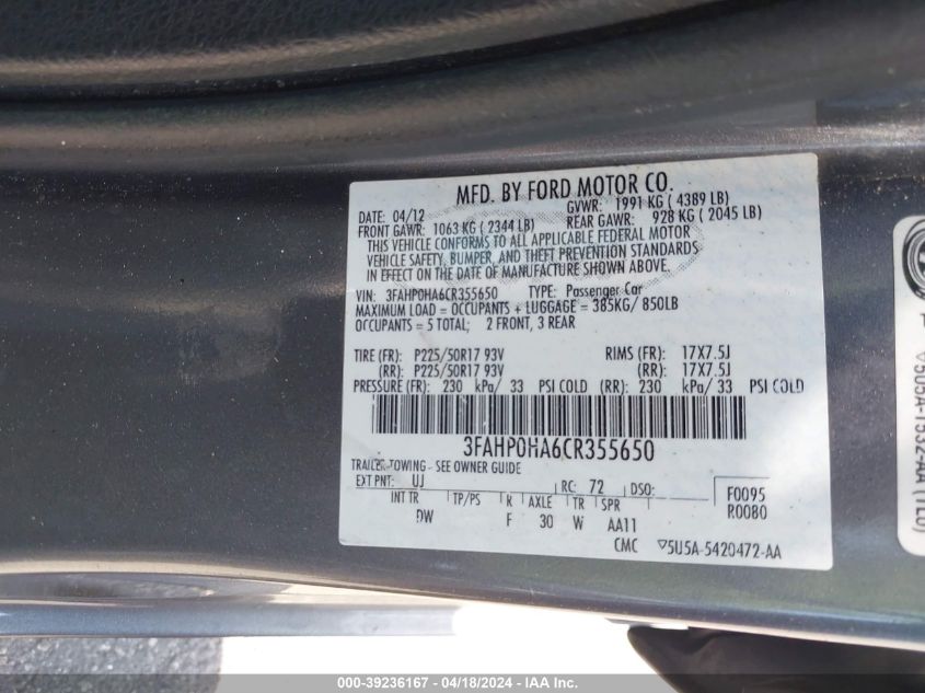 2012 Ford Fusion Se VIN: 3FAHP0HA6CR355650 Lot: 39236167