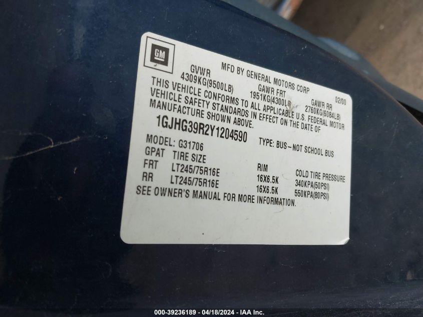 2000 GMC Savana Standard VIN: 1GJHG39R2Y1204590 Lot: 39236189