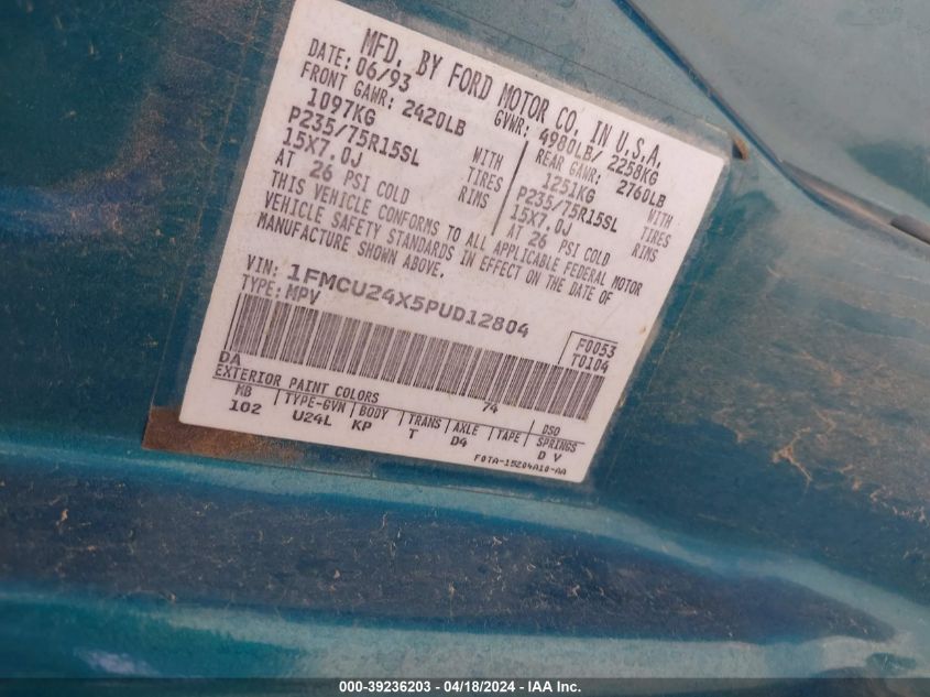 1993 Ford Explorer VIN: 1FMCU24X5PUD12804 Lot: 39236203