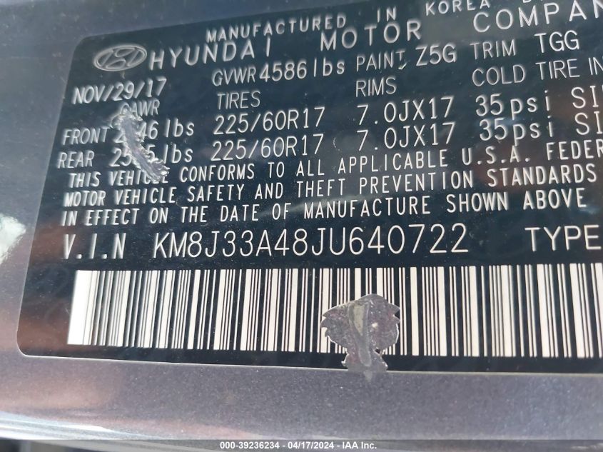 2018 Hyundai Tucson Sel VIN: KM8J33A48JU640722 Lot: 11981817