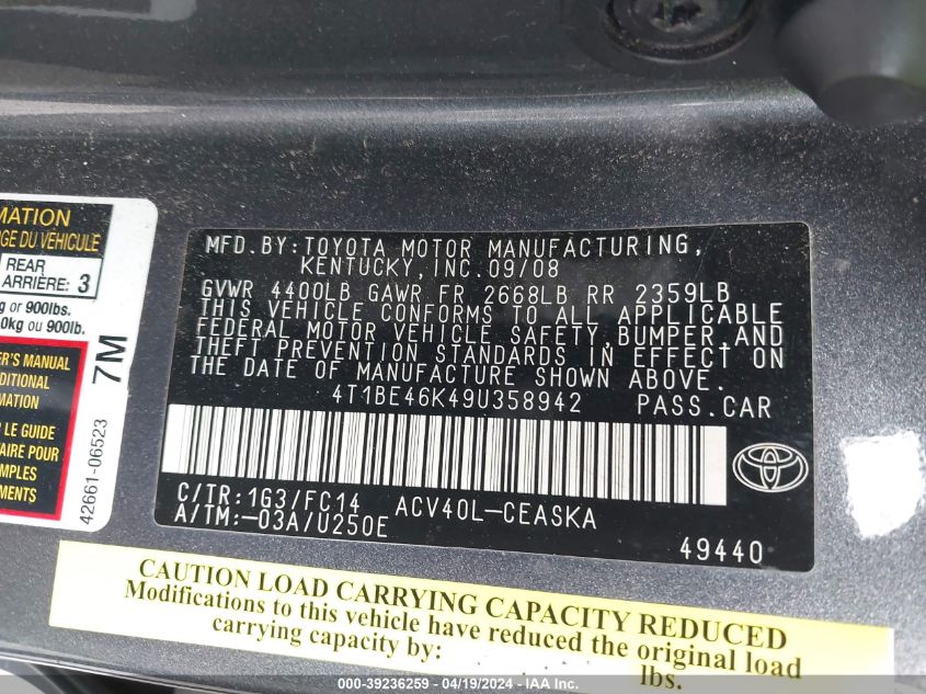 2009 Toyota Camry Se VIN: 4T1BE46K49U358942 Lot: 39236259