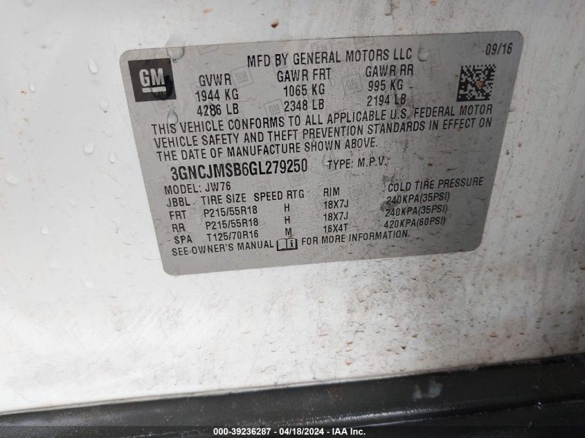 2016 Chevrolet Trax Ltz VIN: 3GNCJMSB6GL279250 Lot: 39236287