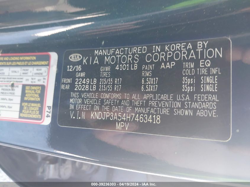 2017 Kia Soul + VIN: KNDJP3A54H7463418 Lot: 39236303