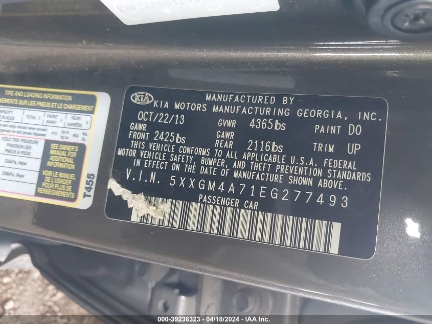 2014 Kia Optima Lx VIN: 5XXGM4A71EG277493 Lot: 39220196