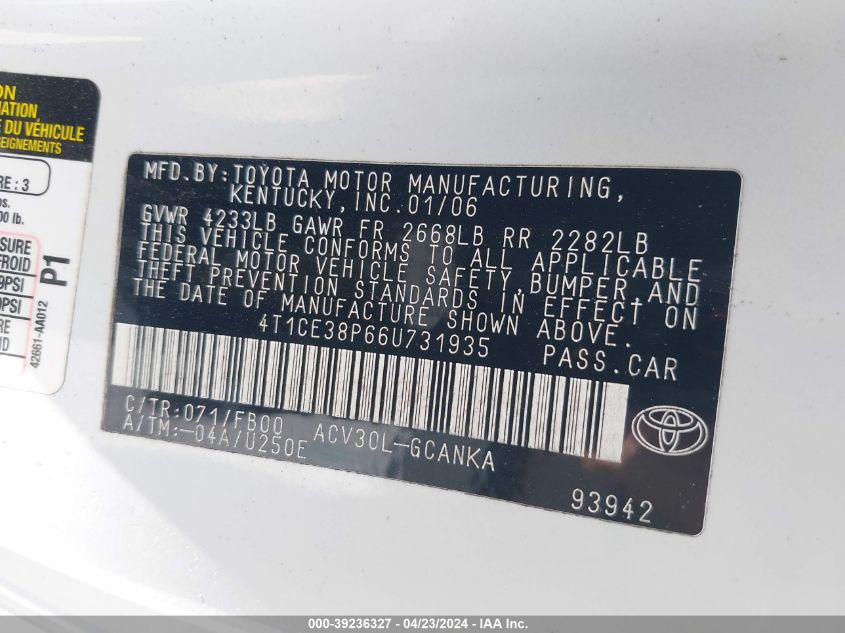 2006 Toyota Camry Solara Se VIN: 4T1CE38P66U731935 Lot: 39236327