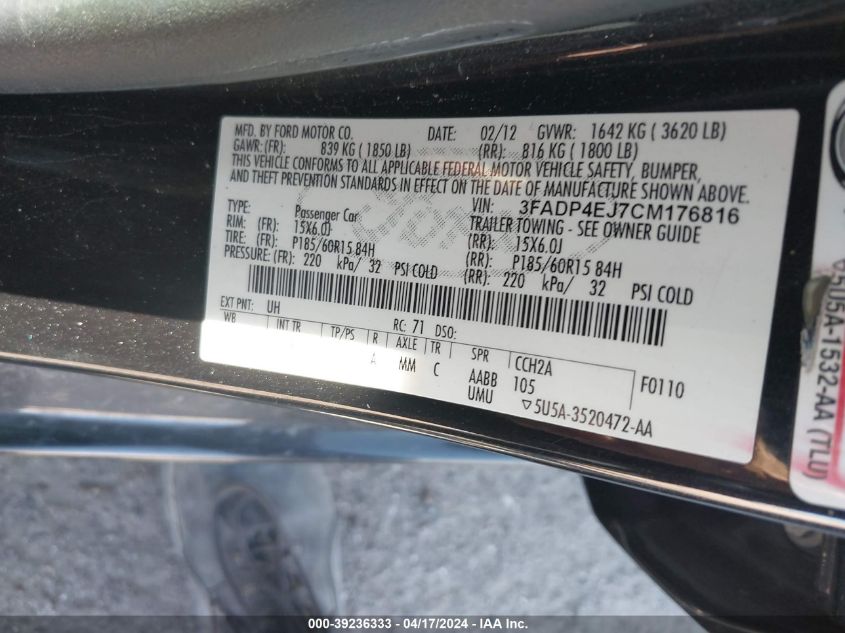 2012 Ford Fiesta Se VIN: 3FADP4EJ7CM176816 Lot: 46141634