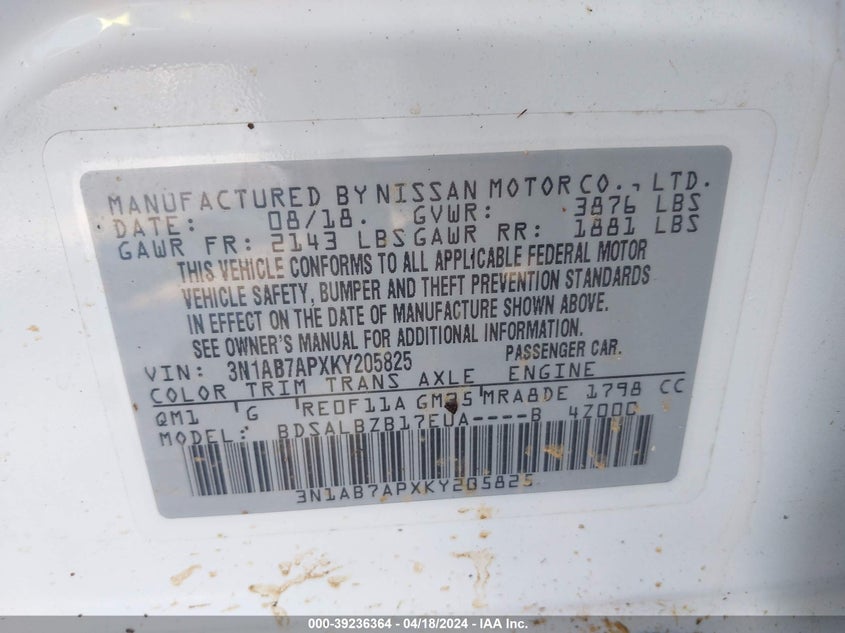 VIN 3N1AB7APXKY205825 2019 NISSAN SENTRA S