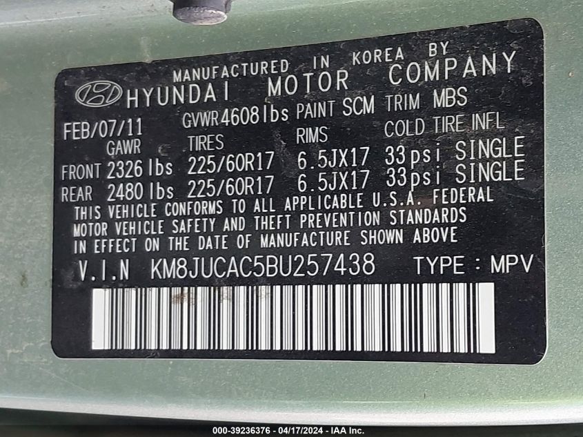 2011 Hyundai Tucson Gls VIN: KM8JUCAC5BU257438 Lot: 39219764