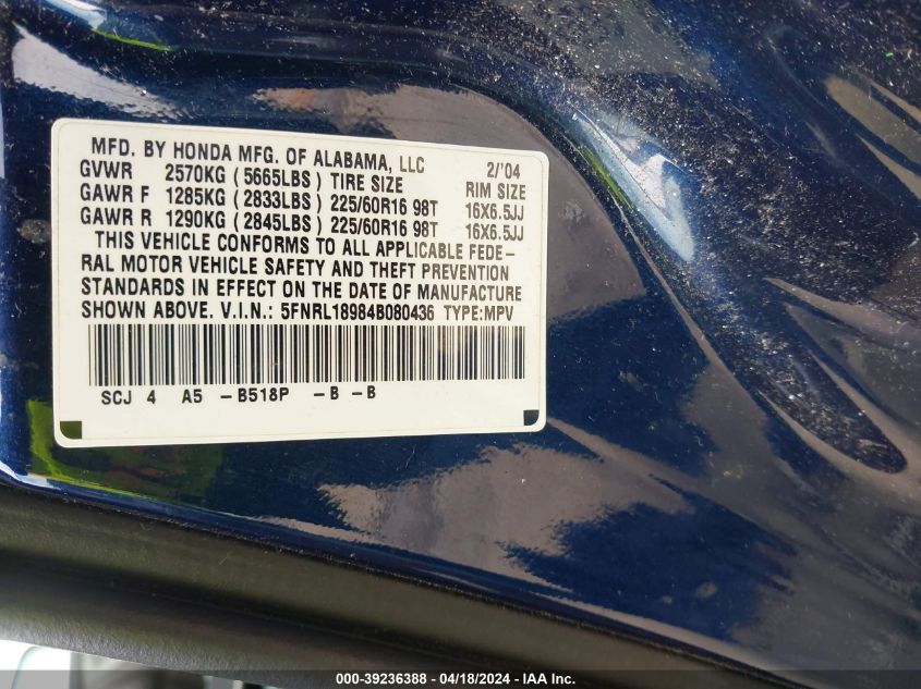 2004 Honda Odyssey Ex-L VIN: 5FNRL18984B080436 Lot: 39236388