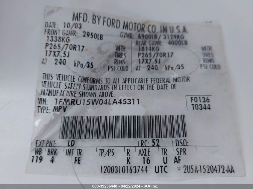 2004 Ford Expedition Xlt VIN: 1FMRU15W04LA45311 Lot: 39236440