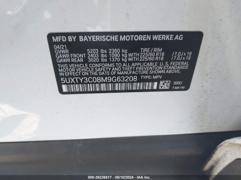 2021 BMW X3 Sdrive30I VIN: 5UXTY3C08M9G63208 Lot: 39236517