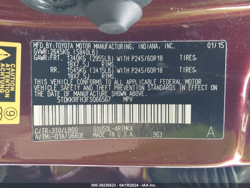 2015 Toyota Highlander Xle V6 VIN: 5TDKKRFH3FS066567 Lot: 39236523