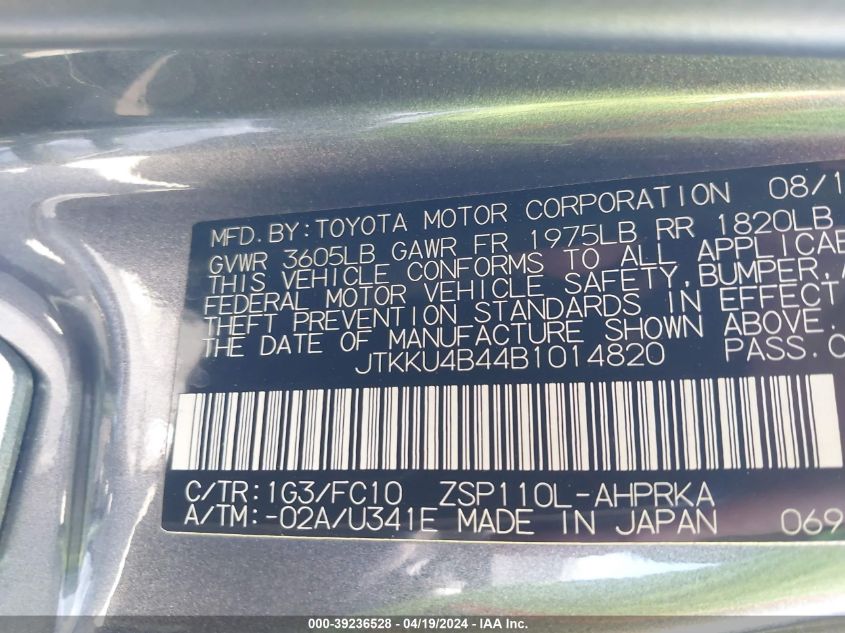 2011 Scion Xd VIN: JTKKU4B44B1014820 Lot: 39236528