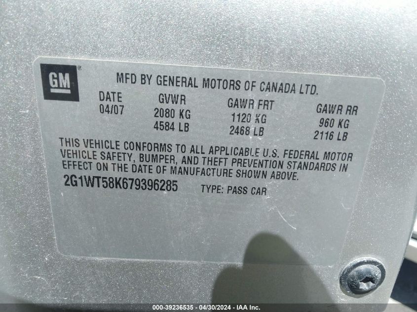 2007 Chevrolet Impala Lt VIN: 2G1WT58K679396285 Lot: 39236535