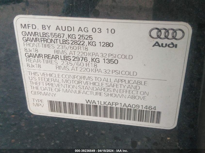 2010 Audi Q5 3.2 Premium VIN: WA1LKAFP1AA091464 Lot: 39236549