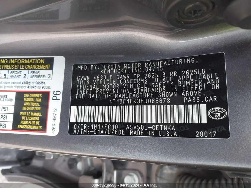 2015 Toyota Camry Le VIN: 4T1BF1FK3FU065878 Lot: 39236555