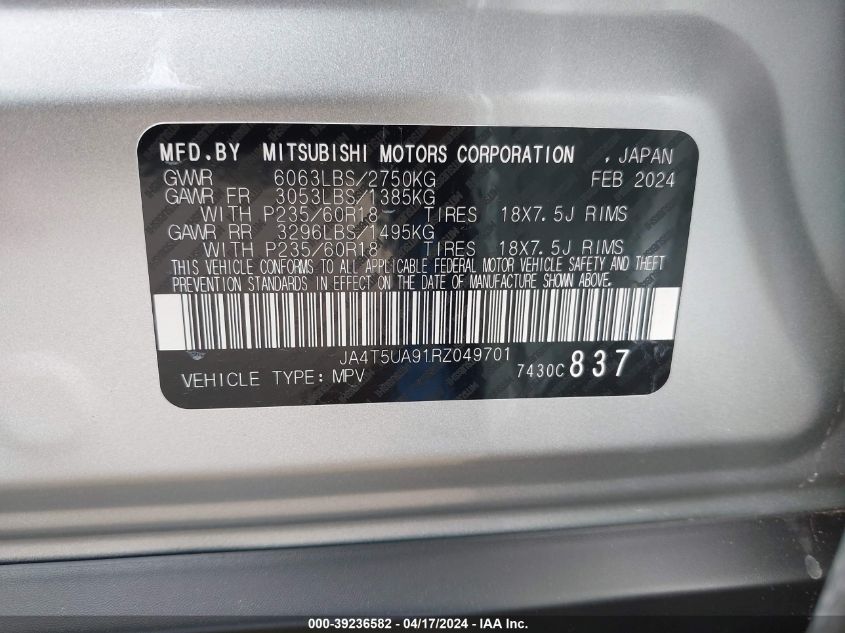 2024 Mitsubishi Outlander Phev Es S-Awc VIN: JA4T5UA91RZ049701 Lot: 51277944