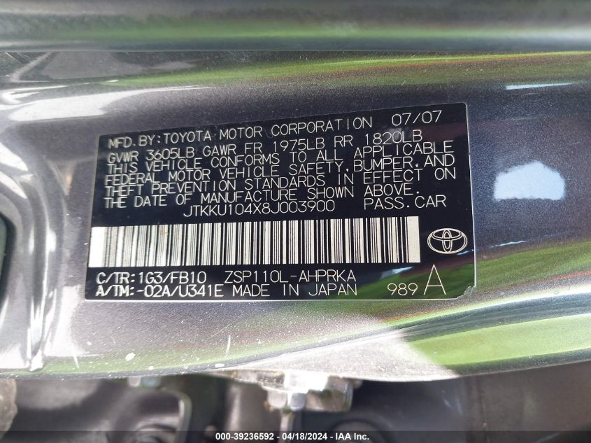 2008 Scion Xd VIN: JTKKU104X8J003900 Lot: 39236592