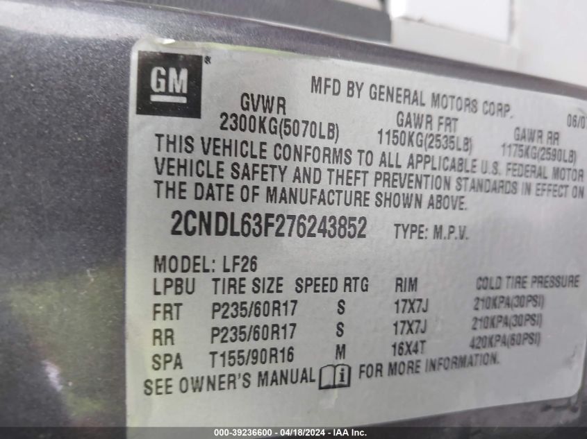 2007 Chevrolet Equinox Lt VIN: 2CNDL63F276243852 Lot: 11977861