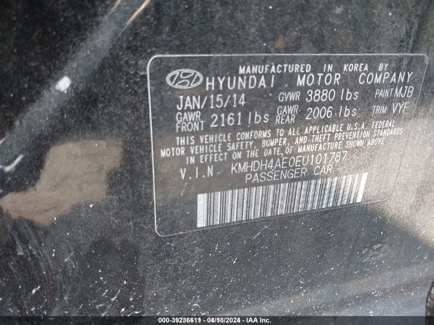 2014 Hyundai Elantra Se (Ulsan Plant) VIN: KMHDH4AE0EU101787 Lot: 39236611