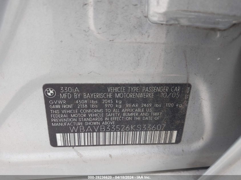 2006 BMW 330I VIN: WBAVB33526KS33607 Lot: 39236620