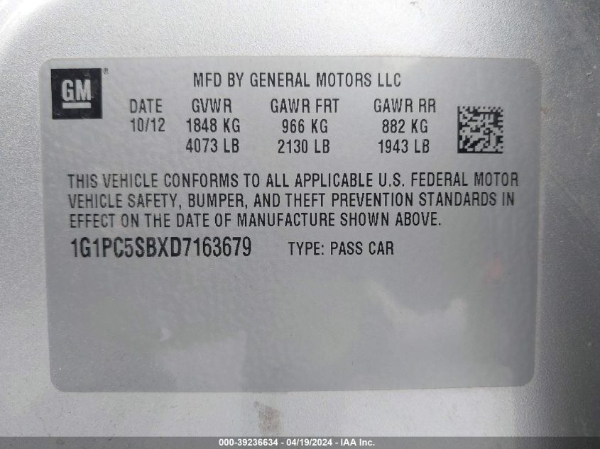 1G1PC5SBXD7163679 | 2013 CHEVROLET CRUZE