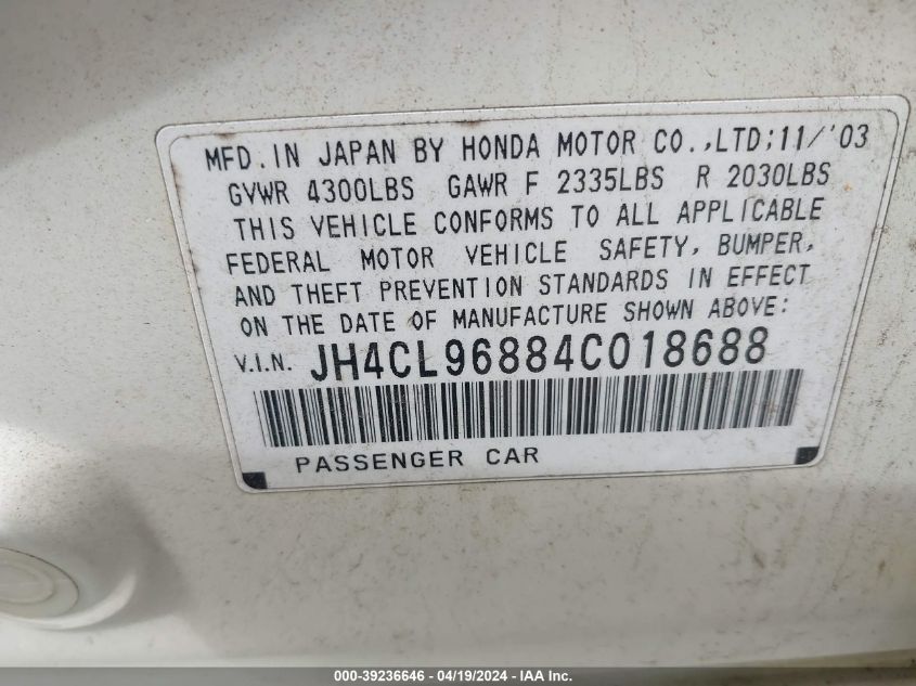 JH4CL96884C018688 | 2004 ACURA TSX