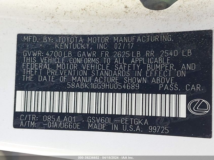 2017 Lexus Es 350 VIN: 58ABK1GG9HU054689 Lot: 39236652