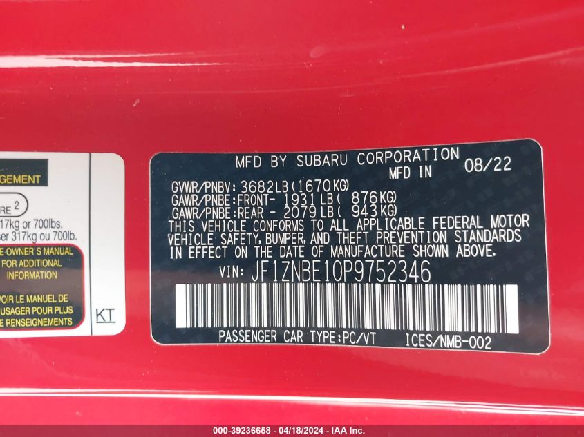 2023 Toyota Gr86 Premium VIN: JF1ZNBE10P9752346 Lot: 39236658