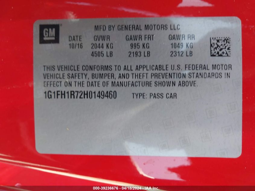 2017 Chevrolet Camaro 2Ss VIN: 1G1FH1R72H0149460 Lot: 39219863